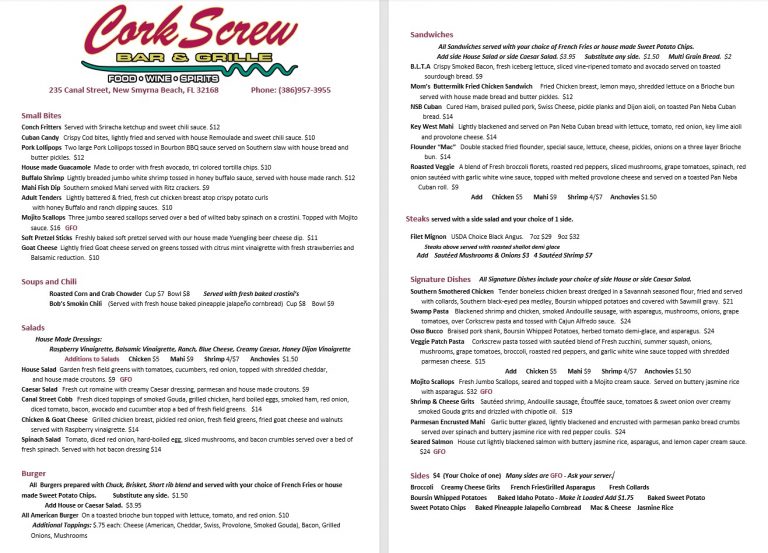 New Menu 415 The CorkScrew Bar and Grille in New Smyrna Beach